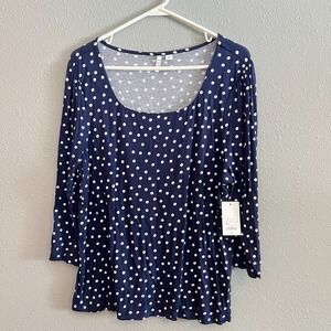 Elle NWT Shirt Top Tunic Navy Polka Dot 3/4 Sleeve Women's Size 2XL
